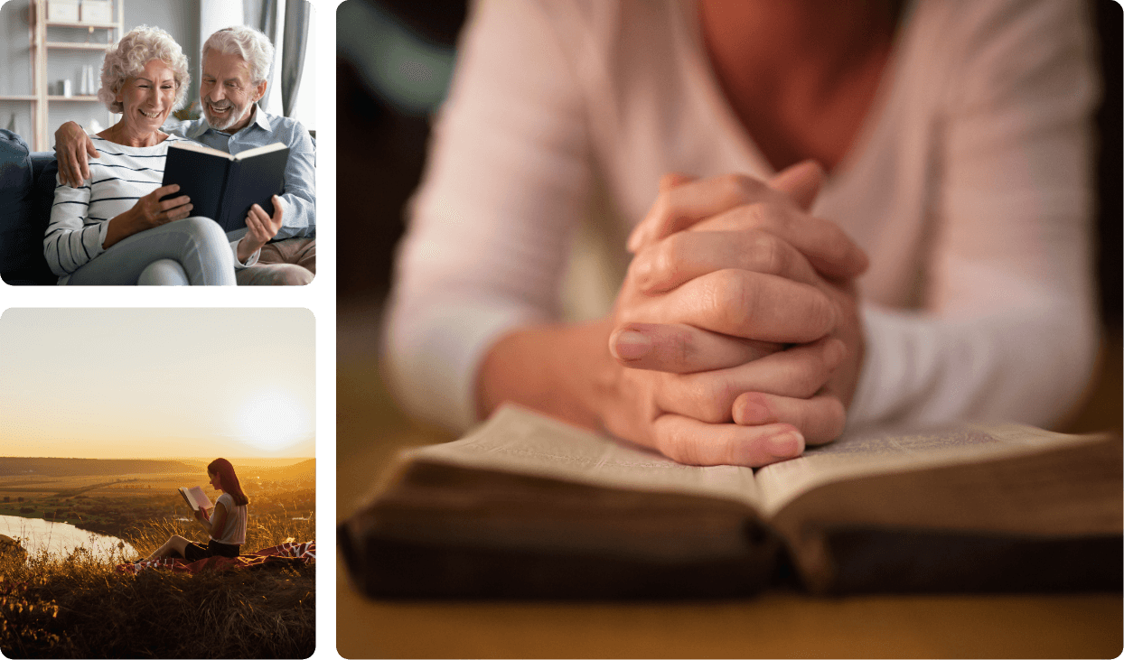a collage of three images consisting of an older couple sitting on a couch reading a book together, a woman sitting in a field reading a book during a sunset and a straight on view of a women clutching her hands together on top of an open book