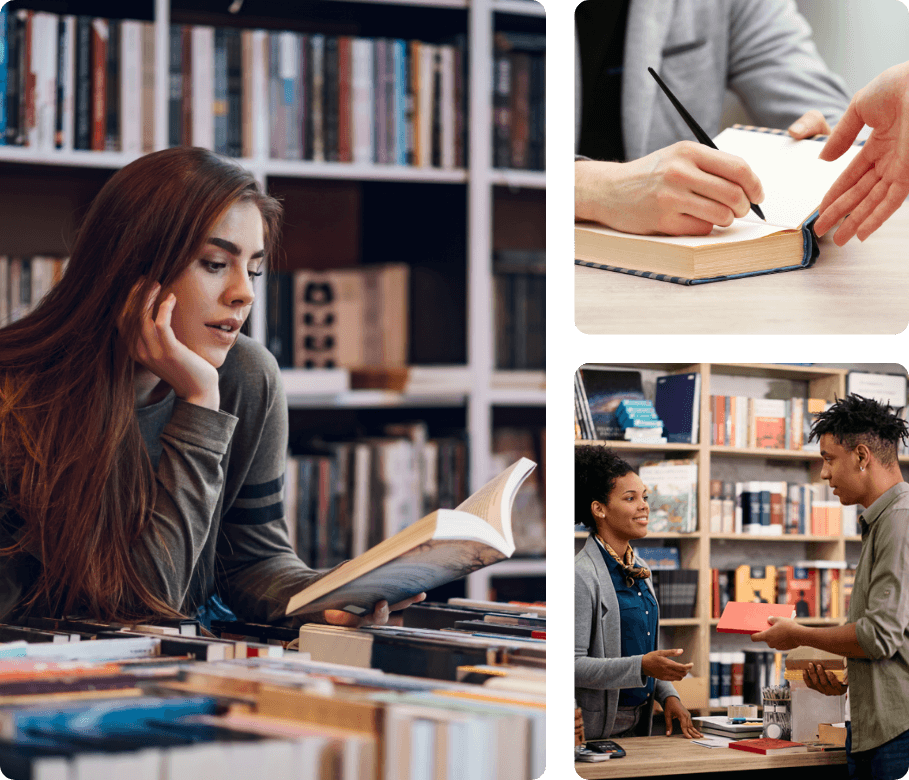 a collage of three images consisting one of a woman with long brunette hair reading a book in the library, a closeup of an author's hands signing a book for a fan and an image of a young man borrowing books from the librarian at the check out counter