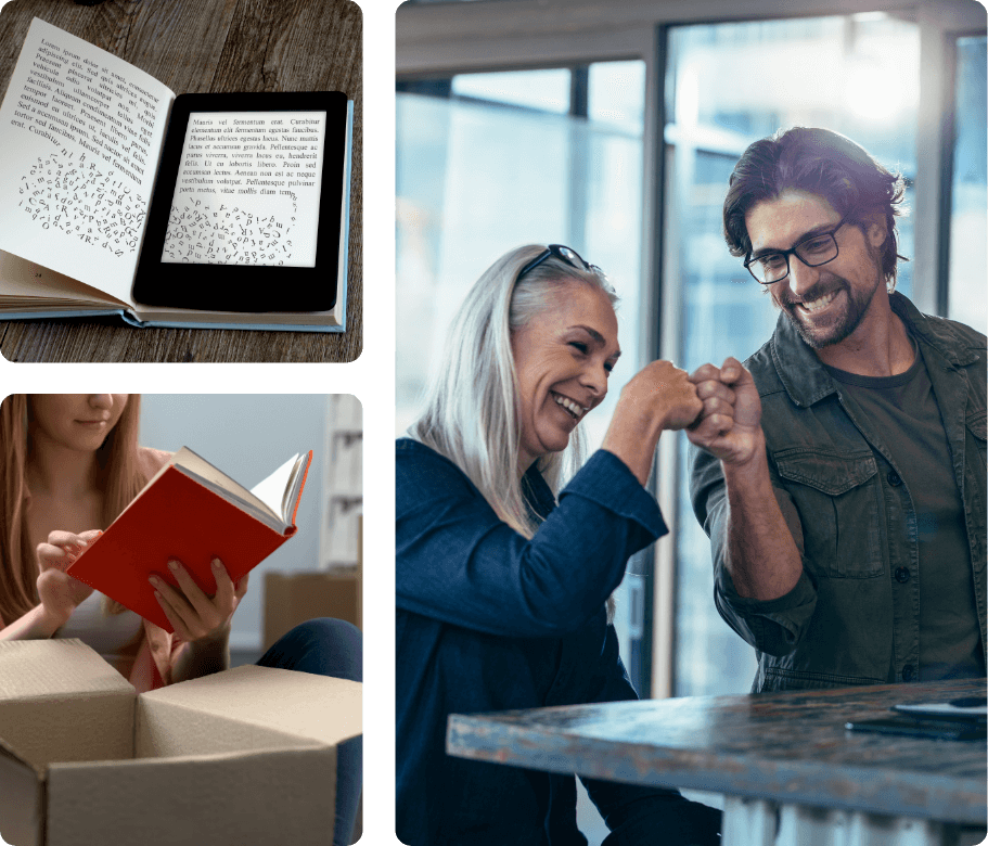 a collage of three images including a photo of an E-book on top of an opened book, a woman sitting on the floor in front of an opened cardboard box reading a red book and an image of a middle aged man giving a fist bump to an elderly woman