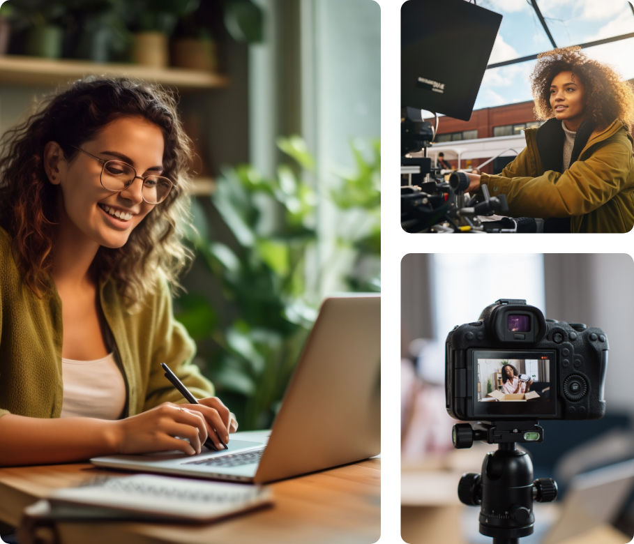 a collage of three images including a woman sitting at a wood table working on her laptop, another image of a woman director filming a movie scene and the last image of the back of a camera showing what is being filmed on the small screen