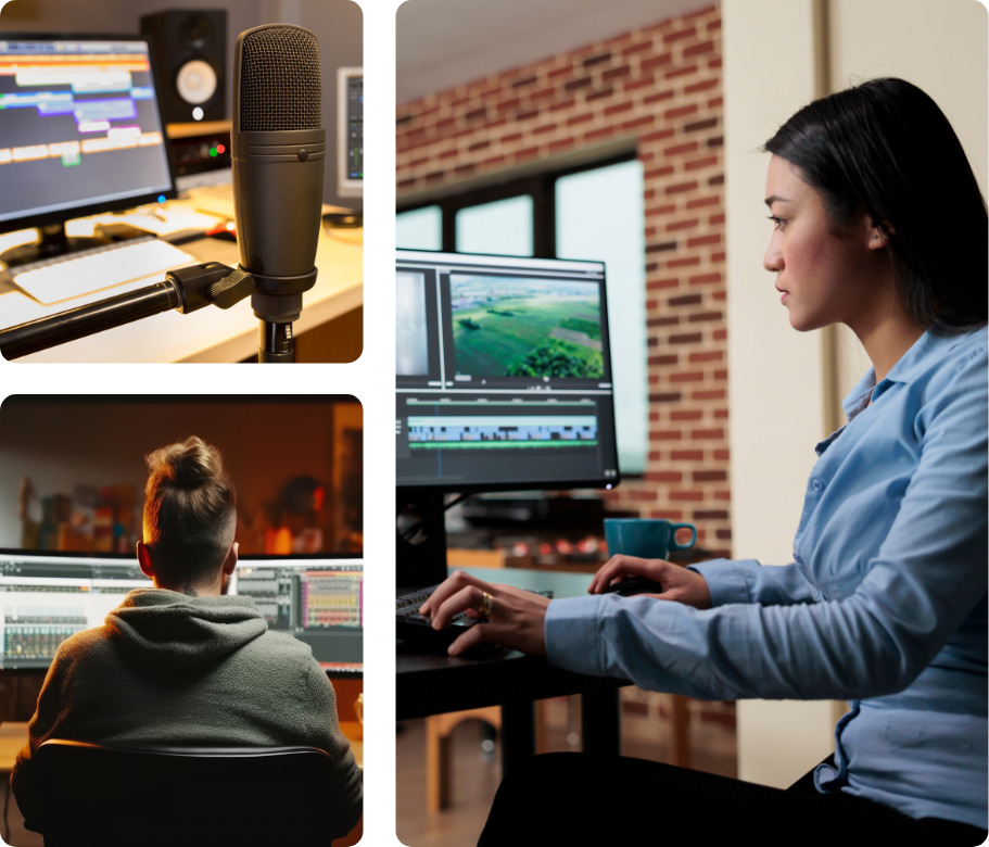 a collage of three images including a photo of a microphone in a recording studio, a man with long hair pulled into a bun sitting in front of two large computer screen editing audio and the last image is of a side view of a woman editing video on a computer